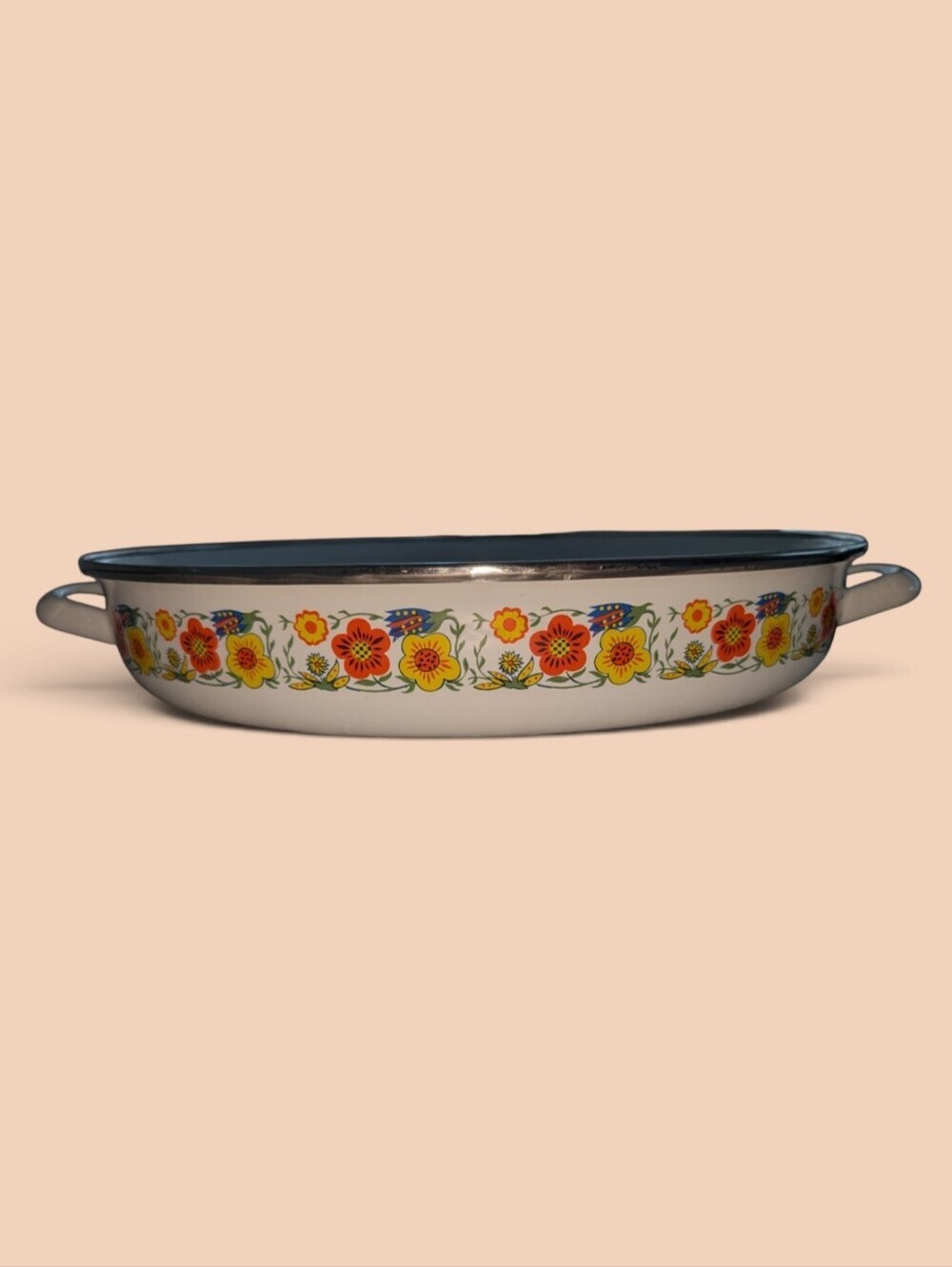 Vintage MCM Enamel Floral Oval Roaster - Yellow & Orange
